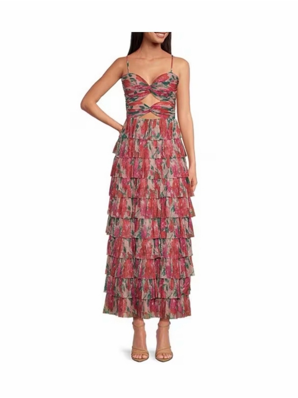 Ruffled Pink Floral Midi Dress with Cutout Bodice